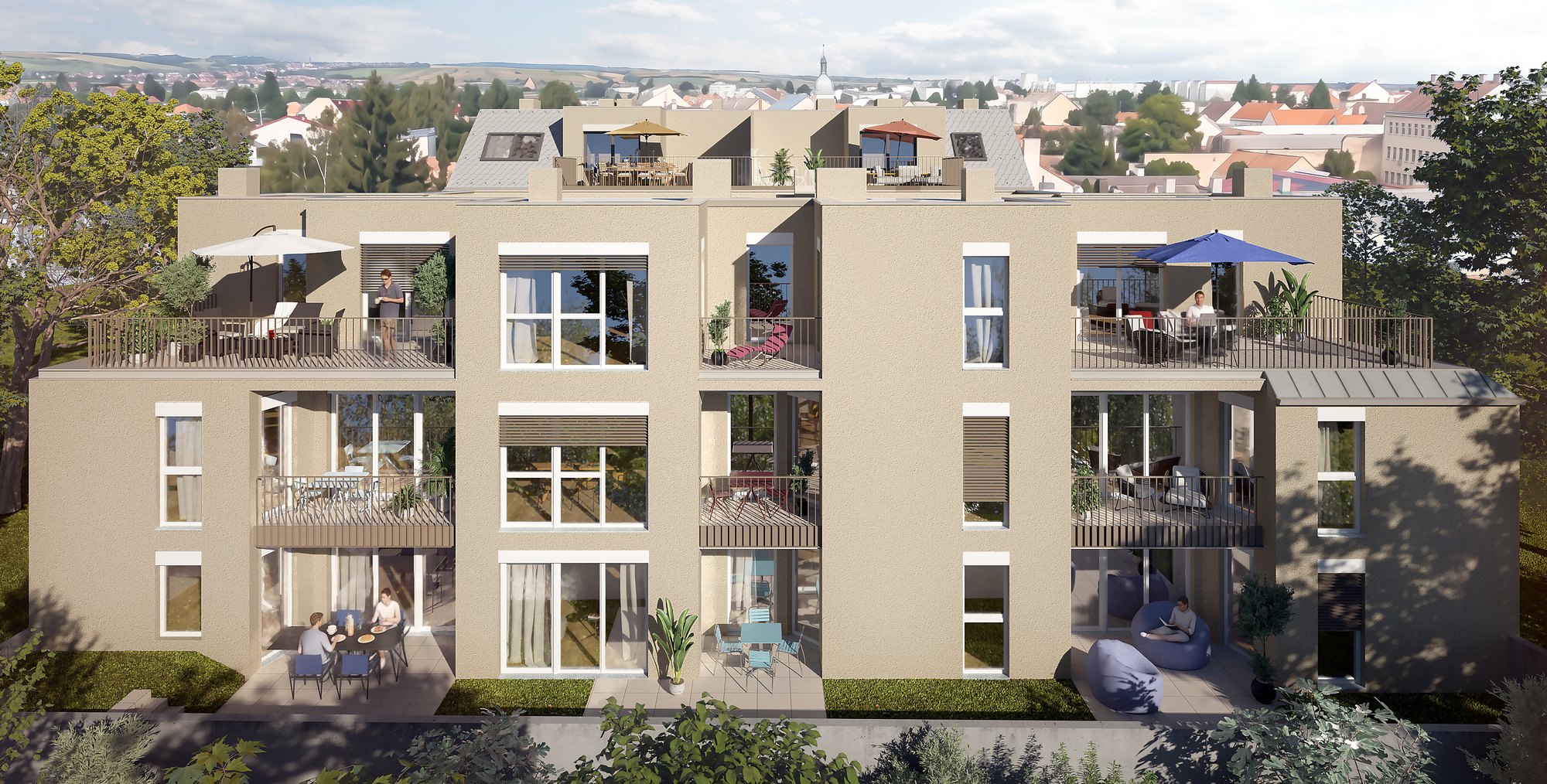 Die Hofseite mit Balkonen, Terrassen und Dachterrassen